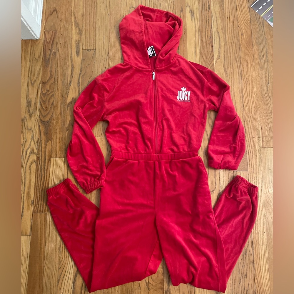 Juicy Couture Red Velour Hooded Jumpsuit Romper